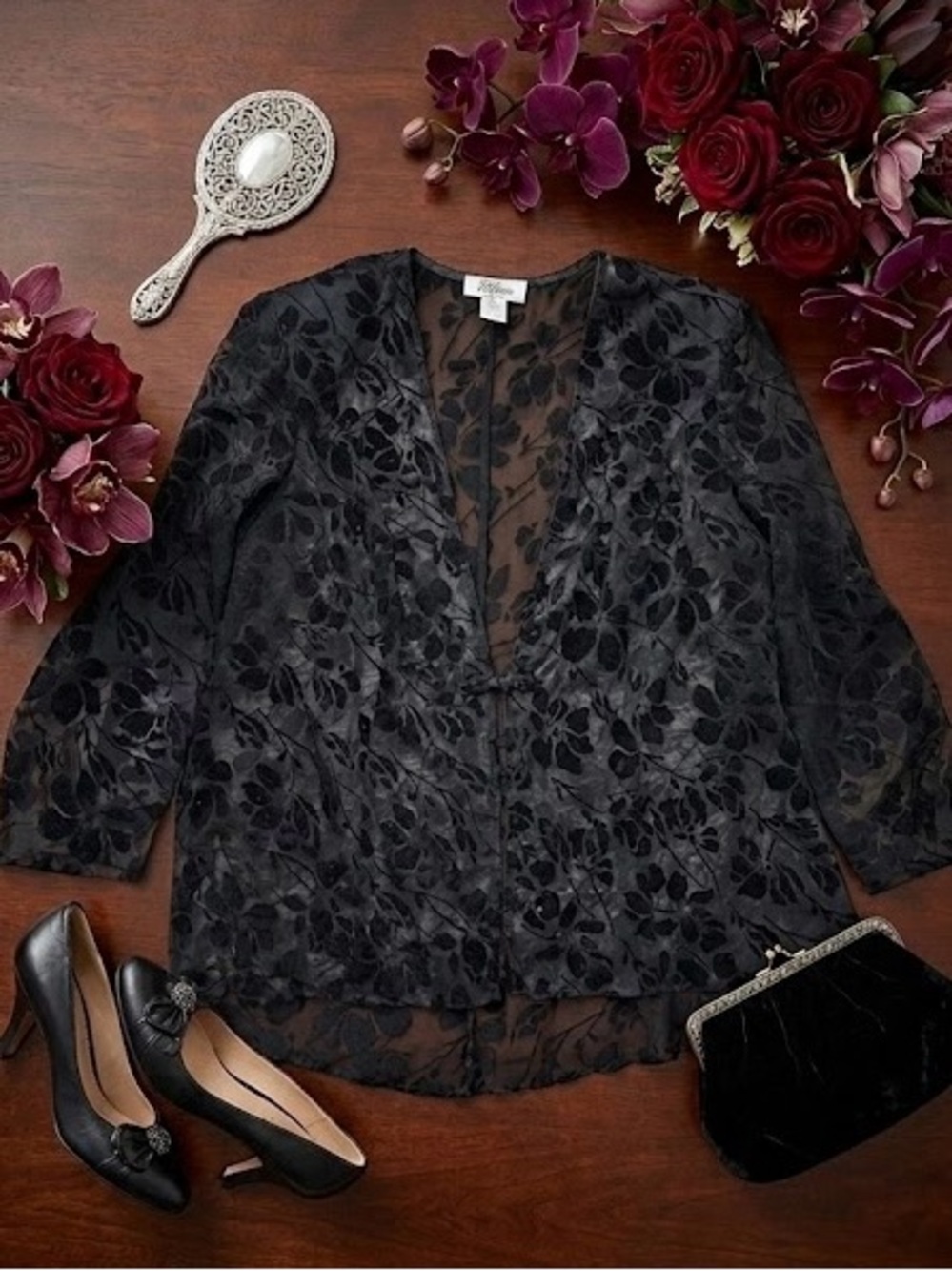 Patra Black Burnout Velvet Floral Sparkly Sheer Elegant Overshirt, 20